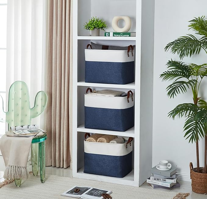 DECOMOMO Extra Large Storage Baskets, Fabric Storage Bins with Handles for Organizing Shelves, Toys, Nursery, Laundry (Navy Blue & White, 3pcs)