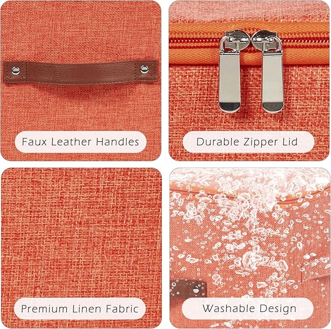 Storage Bins with Zipper Lid Cotton Linen Fabric Lidded Storage Baskets Boxes Foldable Washable Closet Shelf Clothes Organizer Container with PU Leather Handles (Orange, Small)
