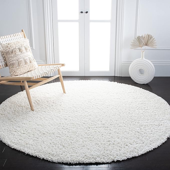 SAFAVIEH August Shag Collection 5' Round Ivory AUG200C Solid Non-Shedding Living Room Bedroom Dining Room Entryway Plush 1.5-inch Thick Area Rug