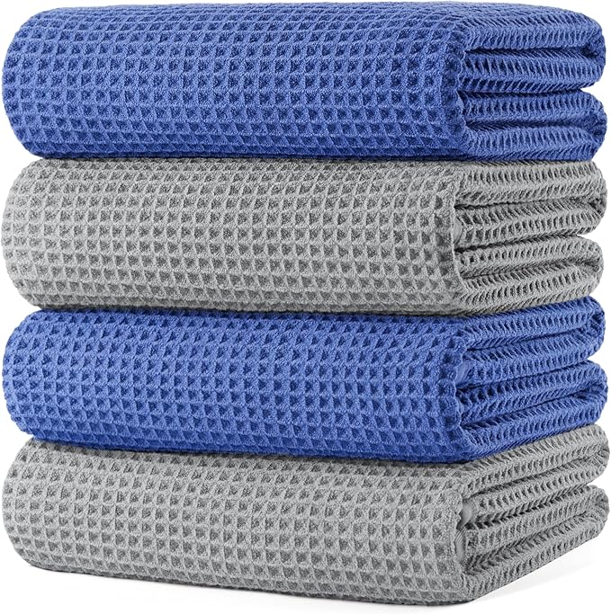 430 GSM Microfiber Oversize Quick Dry Lint Free Bath Towel, 60 x 30 in, 4 Pack (Waffle Weave)