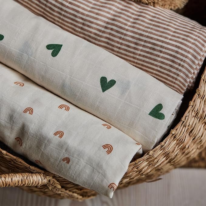 Baby Swaddle – Organic Cotton Muslin Baby Swaddles for Newborns 47” x 47” (Green Hearts)