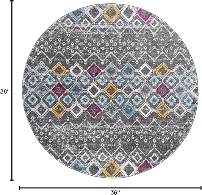 SAFAVIEH Amsterdam Collection 3' Round Dark Grey/Ivory AMS108H Moroccan Boho Non-Shedding Entryway Foyer Living Room Bedroom Kitchen Area Rug