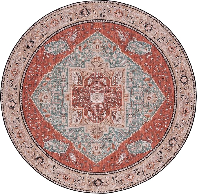 SAFAVIEH Washable Rug Tucson Collection - 6' Round, Aqua & Rust, Slip Resistant & Easy to Clean, Ideal for Living Room, Bedroom, Dining Space (TSN150J)