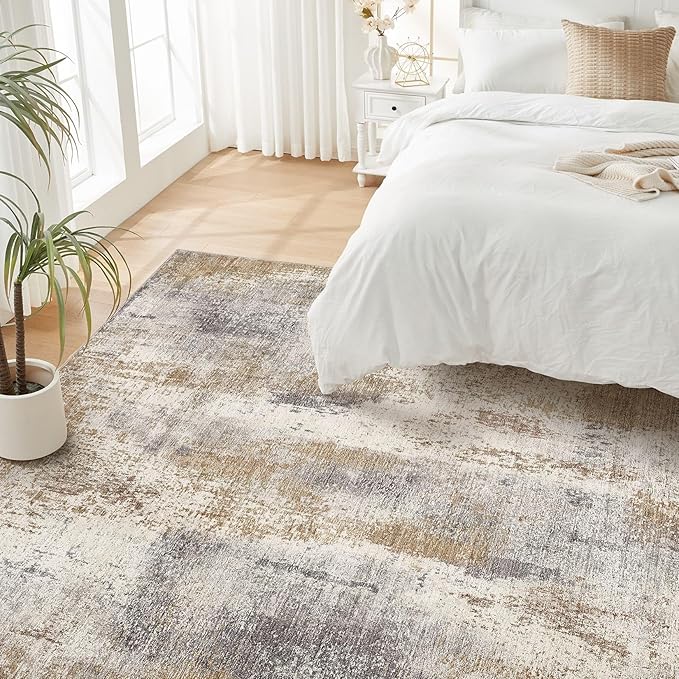 Area Rug Living Room Rugs - 9x12 Washable Large Soft Indoor Neutral Modern Abstract Low Pile Rug Carpet for Bedroom Dining Room Farmhouse Home Office - Brown Grey