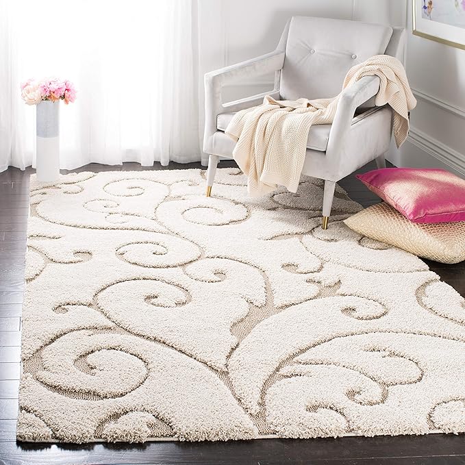 SAFAVIEH Florida Shag Collection Accent Rug - 3'3" x 5'3", Cream & Beige, Scroll Design, Non-Shedding & Easy Care, High-Low Plush Pile, Ideal for Living Room, Bedroom, Dining Space (SG455-1113)