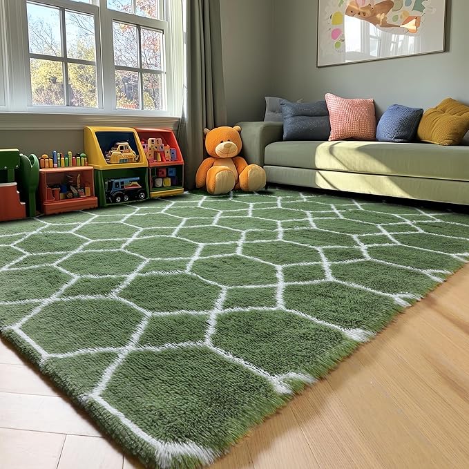 ONASAR 6x9 Area Rugs for Living Room Bedroom, Large Fluffy Olive Green and White Throw Rug, Geometric Soft Plush Shaggy Fuzzy Floor Carpet for Nursery Kids Girls Boys Teen Dorm Home Office Decor