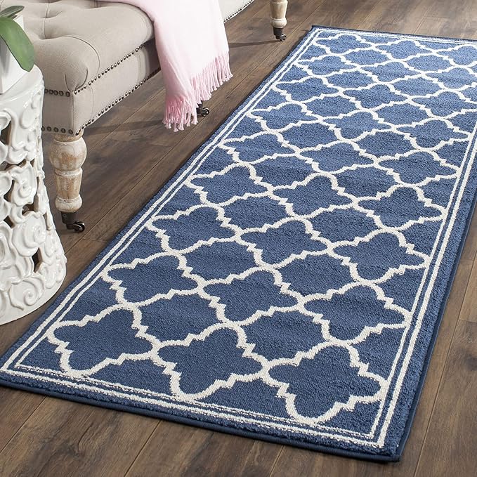 SAFAVIEH Amherst Collection Runner Rug - 2'3" x 17', Navy & Beige, Moroccan Trellis Design, Non-Shedding & Easy Care, Ideal for High Traffic Areas in Living Room, Bedroom (AMT422P)