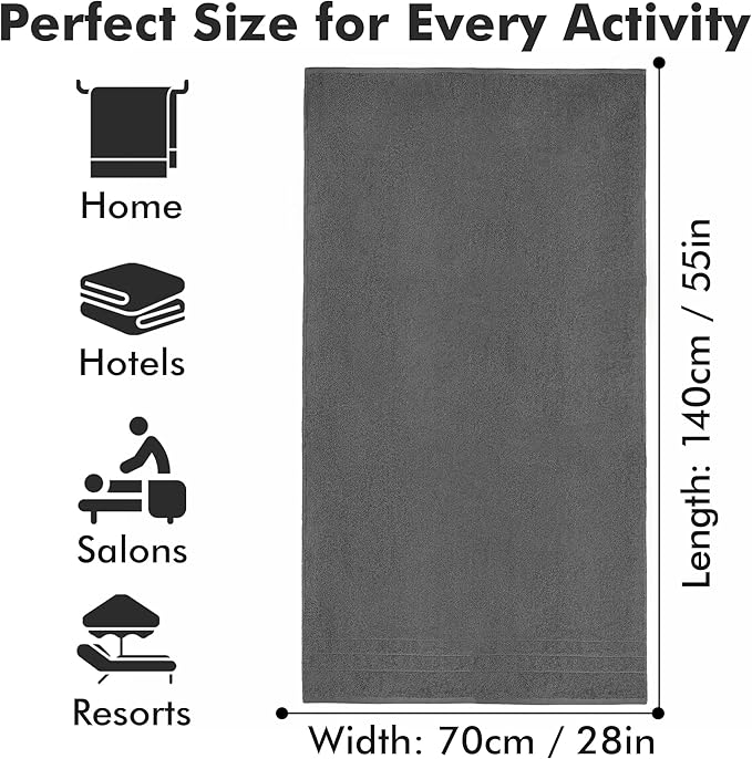 Bath Towels Set of 4 – 100% Cotton Dark Grey Extra Large Towels for Bathroom, Spa Use (55x28 in) – Super Soft and Quick Dry Large Bath Sheets for Adults