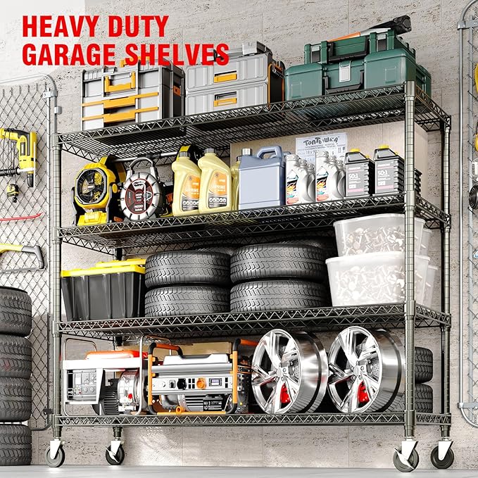 59" W Storage Shelves 2640LBS Heavy Duty Garage Shelving Units with Wheels and Adjustable Shelf, 4-Tiers Wire Shelving Rack for Garage Pantry Kitchen Warehouse Industrial