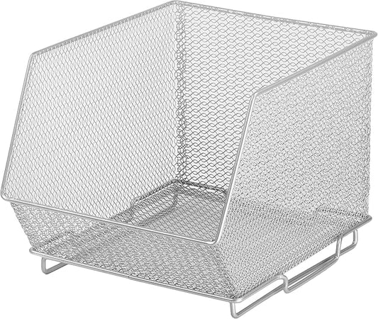 YBM Home Mesh Stacking Bin Storage Containers for Kitchen Pantry, Cabinet and Shelves, Metal Wire Basket Rack for Fruits and Veggies, Crafts, Toys & Cleaning Items - 1-Unit, Medium 10x8.5x8 Silver