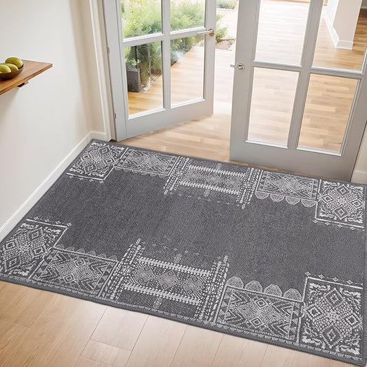 NICETOWN 2x3 Grey Small Area Rugs for Entryway Washable Nonslip Area Rug - Boho Geometric Entryway Door Mat for Living Room Kitchen Laundry Bathroom Bedroom