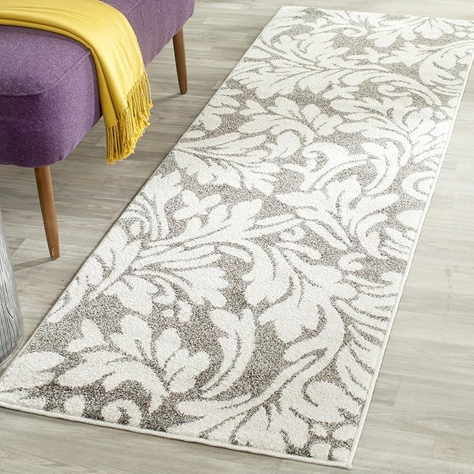 SAFAVIEH Amherst Collection Runner Rug - 2'3" x 9', Dark Grey & Beige, Floral Design, Non-Shedding & Easy Care, Ideal for High Traffic Areas in Living Room, Bedroom (AMT425R)