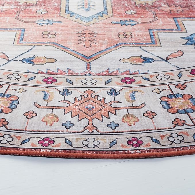 SAFAVIEH Washable Rug Tucson Collection - 4' Round, Beige & Blue, Slip Resistant & Easy to Clean, Ideal for Foyer, Kitchen, Nursery, Office, Bedroom (TSN109B)