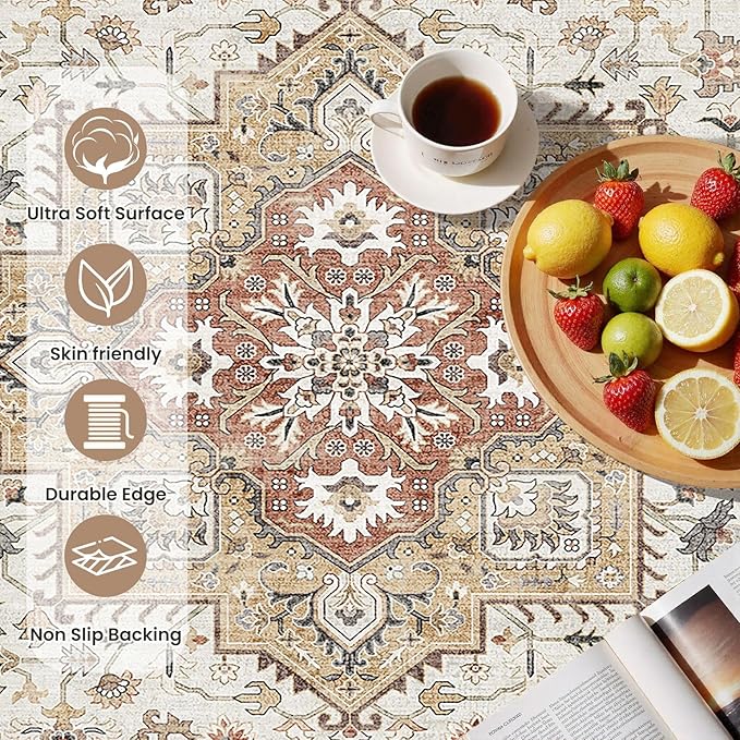 Vintage Living Room Area Rug 2x3 - Large Soft Washable Oriental Traditional Distressed Farmhouse Rugs for Bedroom - Indoor Floor Accent Carpet for Home Office House Decor - Golden Taupe