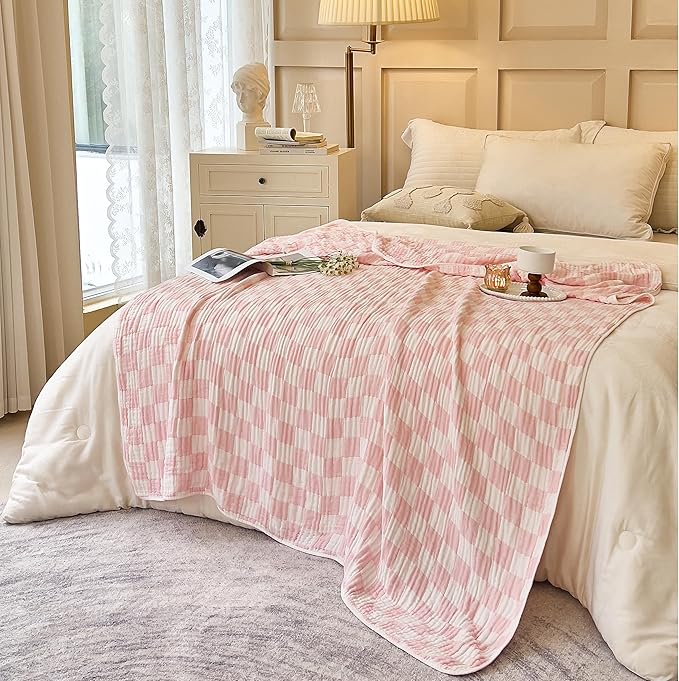 Ultra Soft Cozy 6-Layer Muslin 100% Cotton Checkered King Size 90"x104" Bed Blanket Breathable Lightweight Checkboard Bed Blankets Decorative for Sofa Bed All Seasons Both Sides Pink