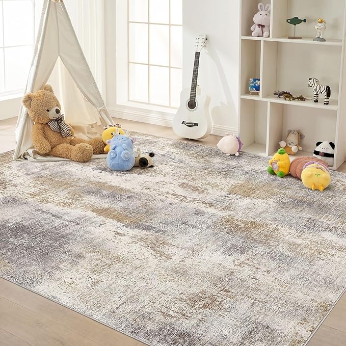 Area Rug Living Room Rugs - 9x12 Washable Large Soft Indoor Neutral Modern Abstract Low Pile Rug Carpet for Bedroom Dining Room Farmhouse Home Office - Brown Grey