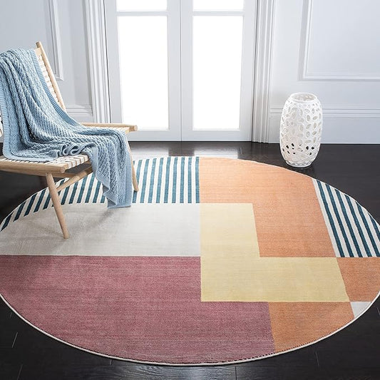 SAFAVIEH Orwell Collection Area Rug - 9' Round, Rust & Yellow, Mid-Century Modern Abstract Design, Non-Shedding & Easy Care, Ideal for High Traffic Areas in Living Room, Bedroom (ORW368P)