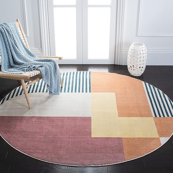 SAFAVIEH Orwell Collection 6'7" Round Rust/Yellow ORW368P Mid-Century Modern Abstract Non-Shedding Living Room Bedroom Area Rug