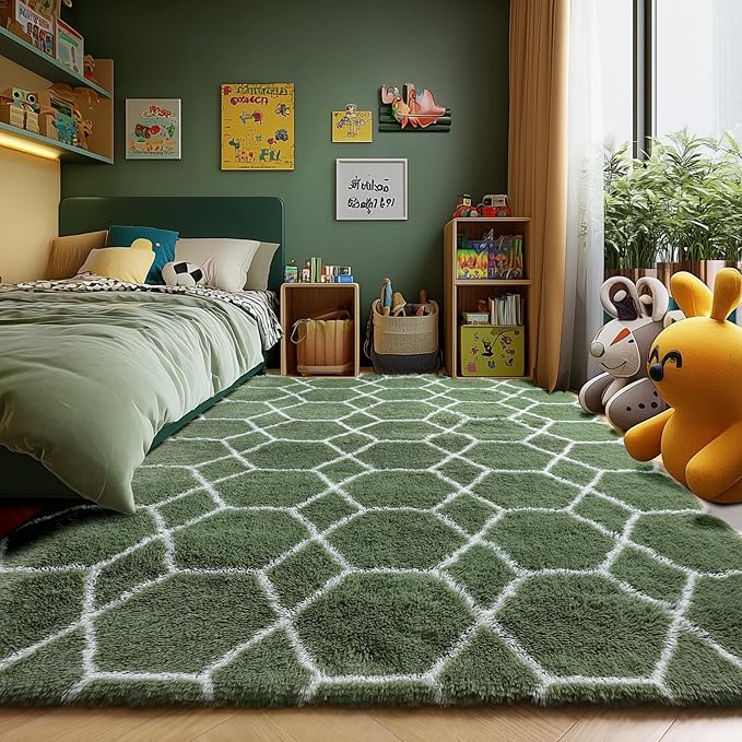 ONASAR Area Rugs for Bedroom Living Room, 4x6 Fluffy Olive Green and White Throw Rug, Shaggy Geometric Floor Mat for Home Decor Aesthetic, Soft Plush Fuzzy Carpet for Nursery Kids Teen Dorm