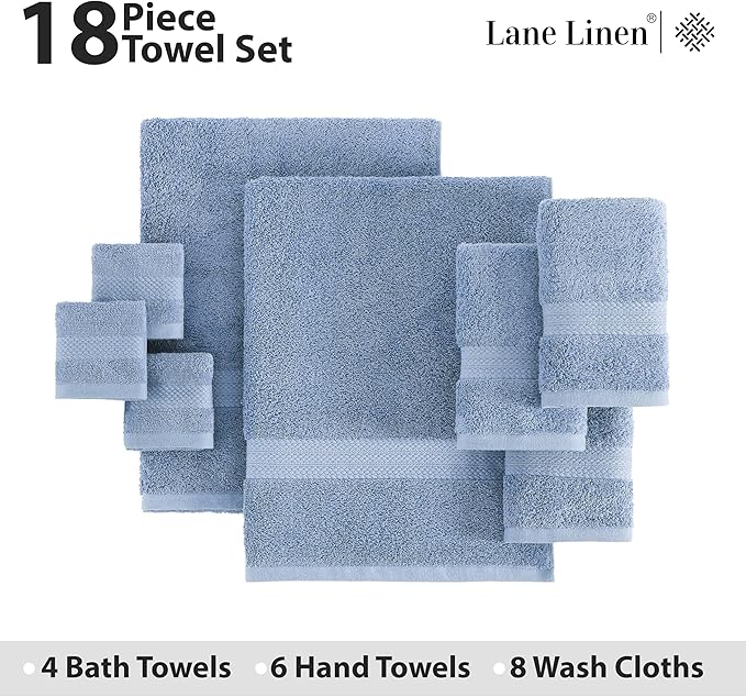 LANE LINEN 100% Cotton Bathroom Towels - 18 Piece Set - Super Soft, Quick Dry & Absorbent - 4 Bath, 8 Washcloths, 6 Hand Towels for Bathroom - Hotel Quality & Suitable for Family - Cerulean Blue