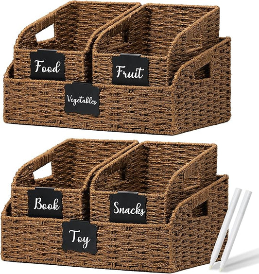 Wicker Baskets for Organizing,Pantry, Kitchen Counter with Handles, Handwoven Woven Storage Baskets for Fruit, Bread, Vegetable, Paper Storage Bins for Shelves, 3 Pack, Brown 2 Set