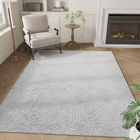 NICETOWN Area Rug 5x7 for Living Room- Non Slip Thin Jacquard Grey Machine Washable Rug Geometric Modern for Bedroom Large Entryway Rug with Rubberback Throw Carpet for Office Bathroom Bedroom, Grey