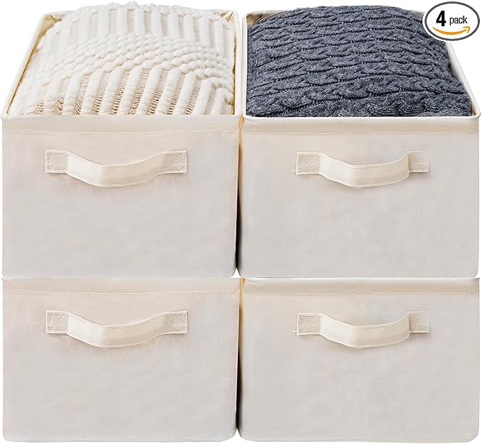 Storage Basket Bins with Metal Frame, Large Collapsible Fabric Storage Baskets for Towels, Laundry, Office, Home, 4-Pack, Beige