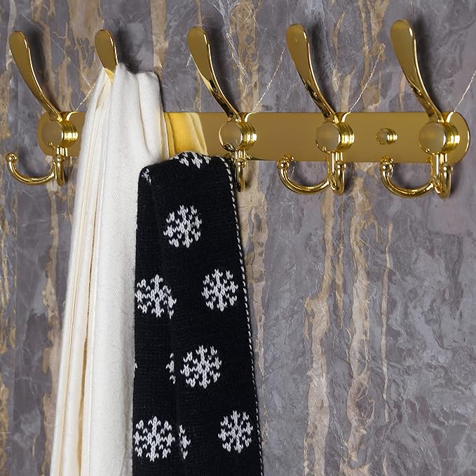 Dseap Coat Rack Wall Mounted - 5 Tri Hooks, Heavy Duty, Stainless Steel, Metal Coat Hook Rail for Coat Hat Towel Purse Robes Mudroom Bathroom Entryway,Gold