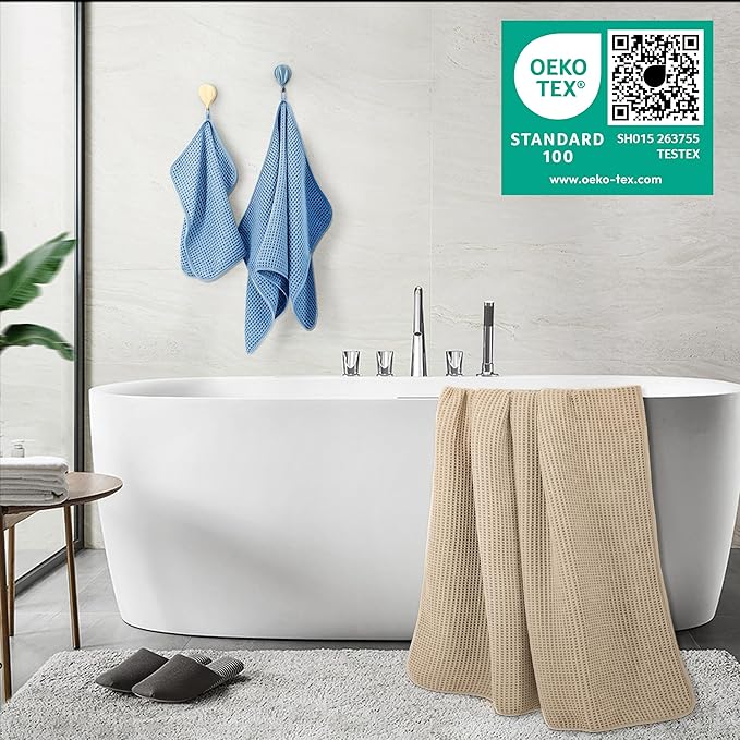 430 GSM Microfiber Quick Dry Lint Free Oversize Bath Towel Set, 6 Piece (Waffle Weave)