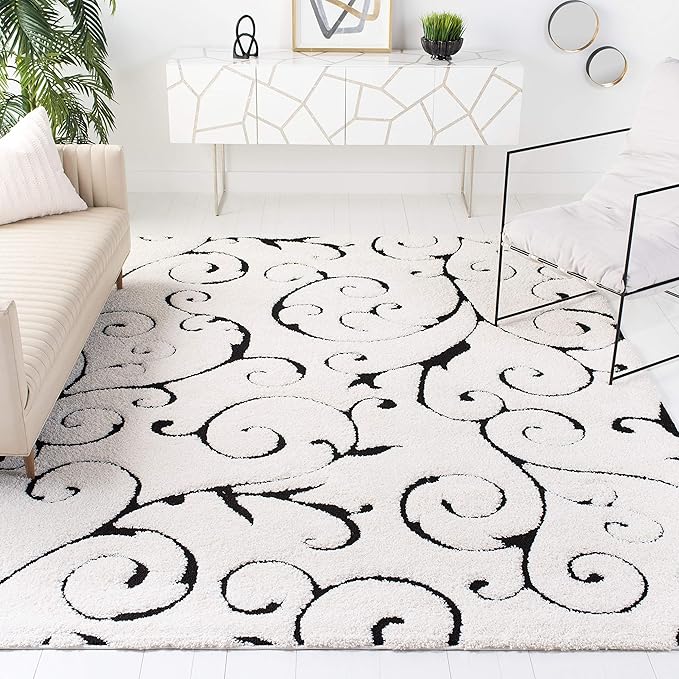 SAFAVIEH Florida Shag Collection Area Rug - 9' Square, Ivory & Black, Scroll Design, Non-Shedding & Easy to Clean, High-Low Plush Pile, Ideal for Living Room, Bedroom, Dining Space (SG455-1290)