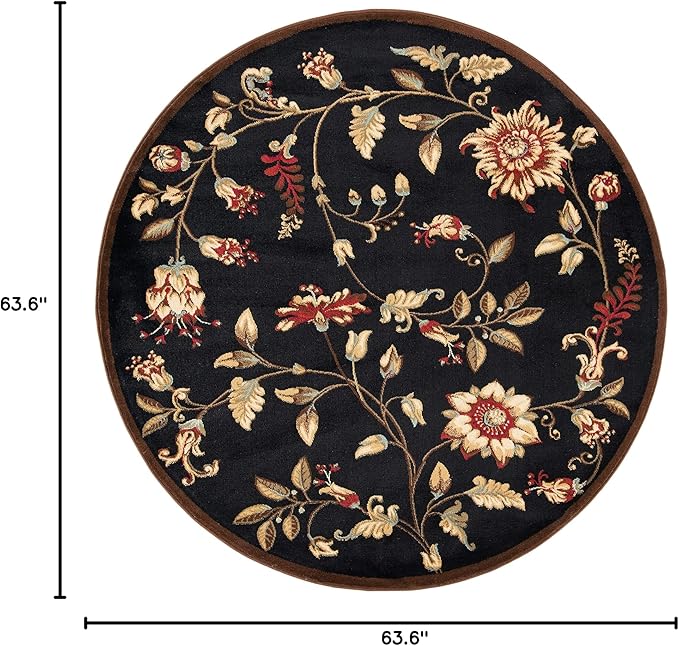 SAFAVIEH Lyndhurst Collection Area Rug - 5'3" Round, Black & Multi, Traditional Floral Design, Non-Shedding & Easy Care, Ideal for High Traffic Areas in Living Room, Bedroom (LNH552-9091)