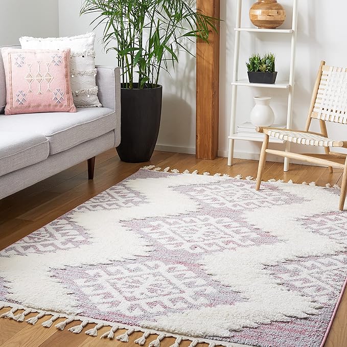 SAFAVIEH Moroccan Tassel Shag Collection Accent Rug - 3' x 5', Pink & Ivory, Non-Shedding & Easy Care, 2-inch Thick Ideal for High Traffic Areas in Entryway, Living Room, Bedroom (MTS652U)