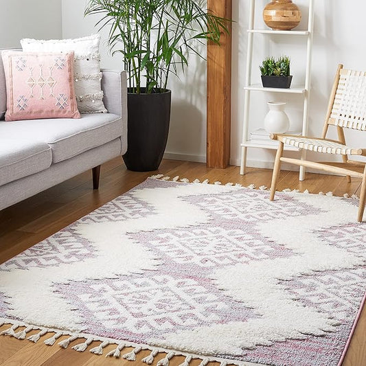 SAFAVIEH Moroccan Tassel Shag Collection Area Rug - 9' x 12', Pink & Ivory, Boho Rustic Trellis, Non-Shedding & Easy Care, 2-inch Thick Ideal for High Traffic Areas in Living Room, Bedroom (MTS652U)