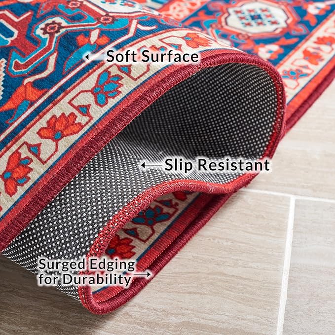 SAFAVIEH Washable Rug Tucson Collection - 6'6' x 9', Red & Blue, Slip Resistant & Easy to Clean, Ideal for Living Room, Bedroom, Dining Space (TSN101Q)