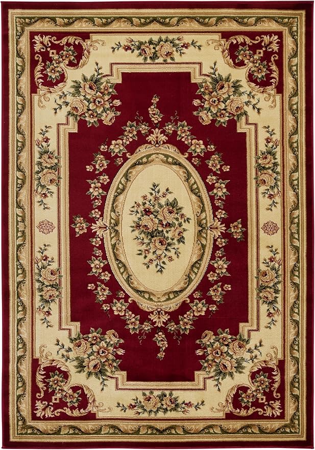 SAFAVIEH Lyndhurst Collection Area Rug - 5'3" x 7'6", Red & Ivory, Traditional European Medallion Design, Non-Shedding & Easy Care, Ideal for High Traffic Areas in Living Room, Bedroom (LNH218C)