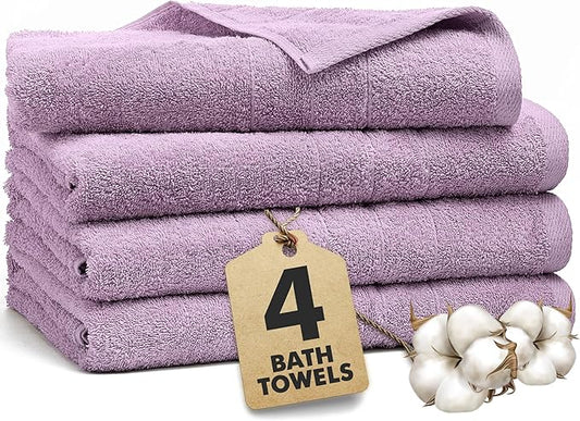 Bath Towels Set of 4 – 100% Cotton Lilac Extra Large Towels for Bathroom, Spa Use (55x28 in) – Super Soft and Quick Dry Large Bath Sheets for Adults