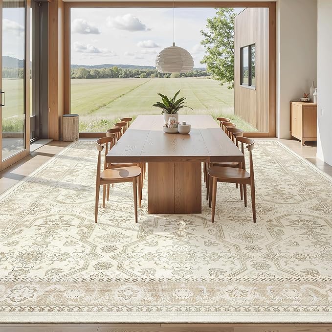 10x14 Area Rugs for Living Room, Non Slip Machine Washable Vintage Rugs, Low Pile Lightweight Large Rug for Bedroom, Dining Room, Home Office Beige/Brown