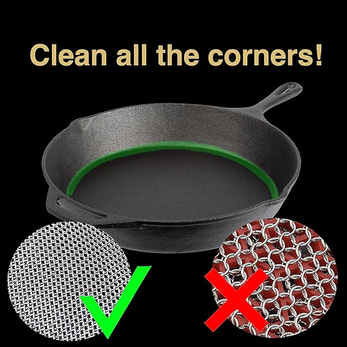 Cast Iron Cleaner Chainmail Scrubber -Fine Ring- 316 Stainless Steel Scrubbing Sponge Skillet – Dish Scrubber - Built-in Silicone with Welded Rings - for Cast Iron Pots, BBQ, Dishes (Standard)