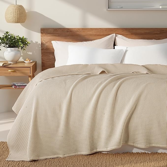 Exclusivo Mezcla 100% Cotton Waffle Weave Blanket Queen Size, Soft, Lightweight and Breathable Muslin Gauze Blanket for Bed, All Season, 90"x90", Khaki