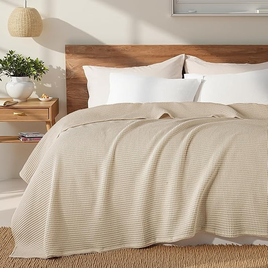 Exclusivo Mezcla 100% Cotton Waffle Weave Blanket King Size, Soft, Lightweight and Breathable Muslin Gauze Blanket for Bed, All Season, 90"x104", Khaki