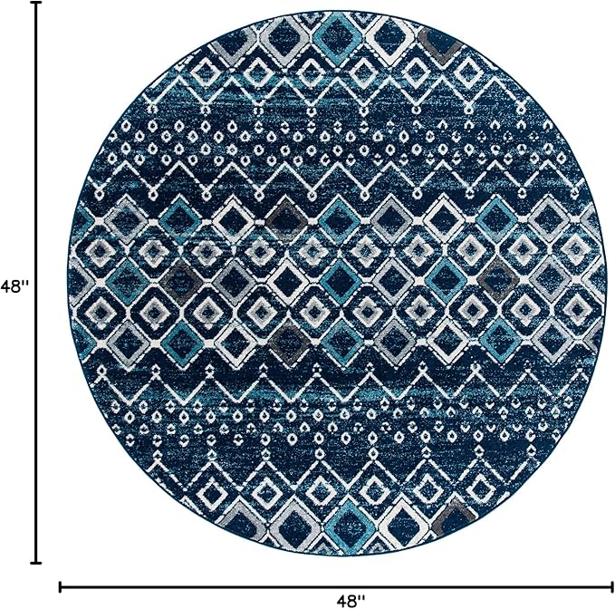SAFAVIEH Amsterdam Collection Area Rug - 4' Round, Navy & Beige, Moroccan Boho Design, Non-Shedding & Easy Cleaning, Ideal for Living Room, Bedroom, Dining Space (AMS108N)