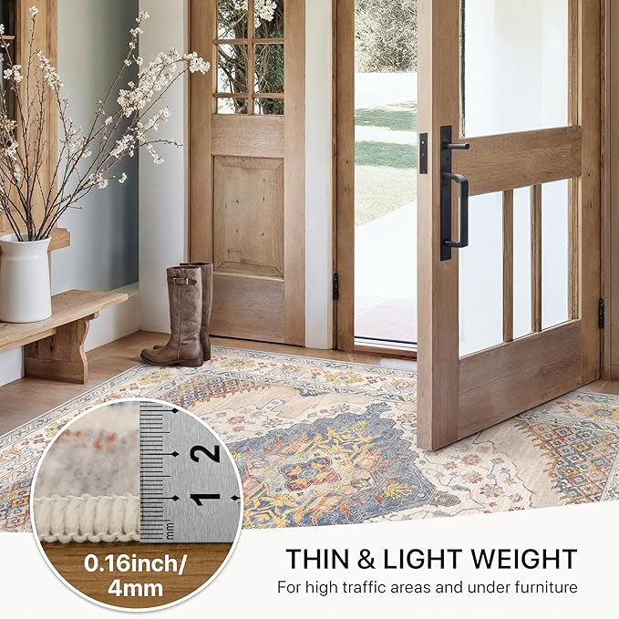GENIMO 8x10 Area Rugs for Living Room, Machine Washable Non Slip Rugs, Low Pile Lightweight Print Rug for Bedroom, Dining Room, Home Office, Vintage Cream/Blue