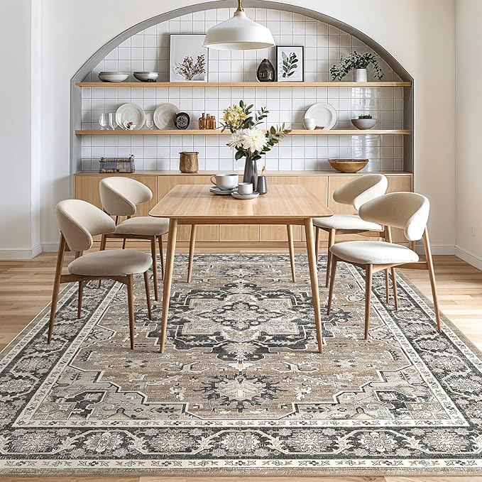 Vintage Living Room Area Rug 8x10 - Large Soft Washable Oriental Traditional Distressed Farmhouse Rugs for Bedroom - Indoor Floor Accent Carpet for Home Office House Decor - Black Brown