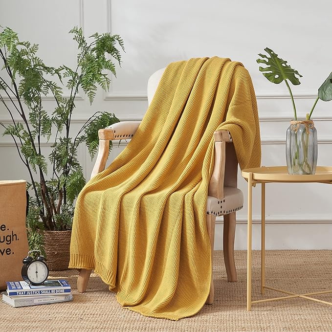 Longhui bedding Mustard Yellow Cotton Cable Knit Throw Blanket for Couch Sofa Bed, Home Decorative Lightweight Knitted Blankets with Bonus Laundering Bag, 60“ x 80”, Machine Washable