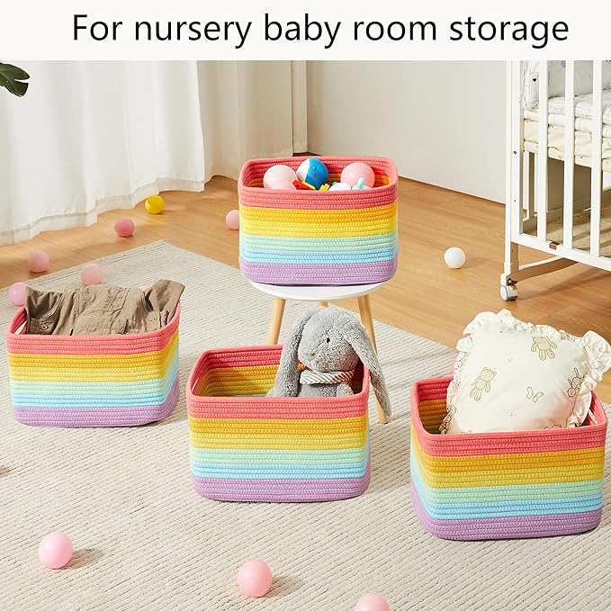 Rainbow Rope Basket for Storage 4 Pack Baskets for Shelves Woven Toy Storage Bins for Nursery Kids in Classroom 12.7"Lx9"Wx7.9"H