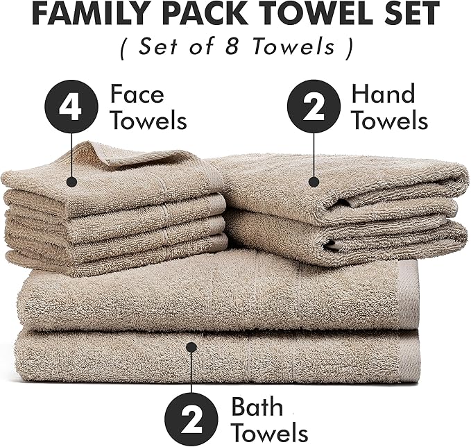 Bath Towels Set of 8 – 100% Cotton (Beige) Bathroom Towel Set Bale Includes 2 Bath, 2 Hand, 4 Face Towels – Soft, Absorbent & Quick Dry Towel for Bathroom, Spa, Kitchen, Hotel Use