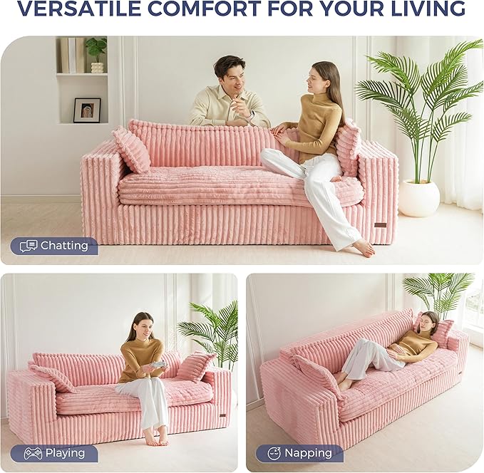MAXYOYO 76" Bean Bag Sofa Couch, Loveseat Boneless Couch in a Box, Upholstered Small Mini Sofa with Deep Seating for Living Room Bedroom Office Apartment, No Assembly, Pink