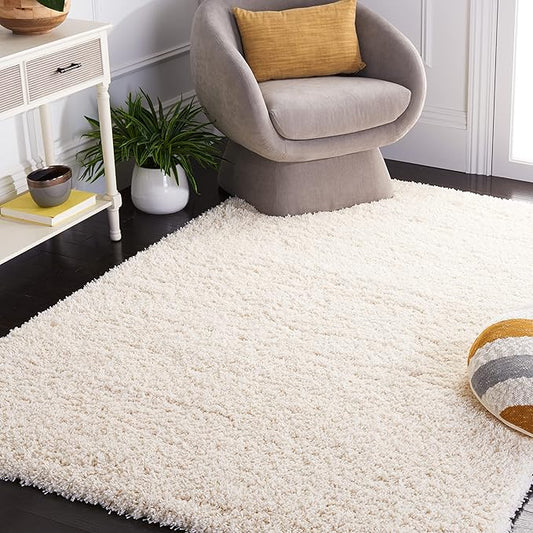 SAFAVIEH Santa Monica Shag Collection 5'3" x 7'6" Ivory SGN725 Solid Non-Shedding Living Room Bedroom Dining Room Entryway Plush 2-inch Thick Area Rug