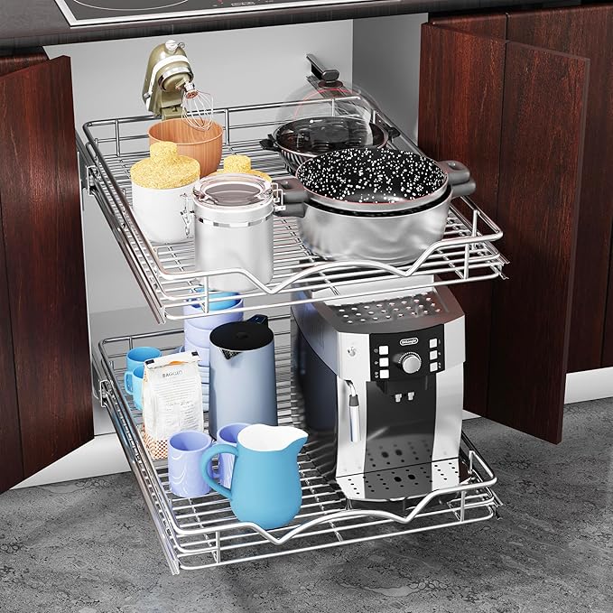 HOLDN’ STORAGE Two Tier Pull Out Cabinet Organizer, Individual Sliding Drawers - Heavy Duty Metal with Lifetime Limited Warranty - Anti Rust Chrome Finish - 12" W x 21”D x 16.5" H