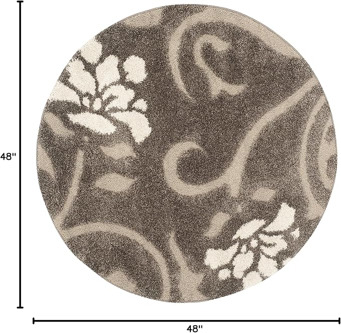 SAFAVIEH Florida Shag Collection Area Rug - 4' Round, Smoke & Beige, Floral Design, Non-Shedding & Easy Care, 1.2-inch Thick Ideal for High Traffic Areas in Living Room, Bedroom (SG464-7913)